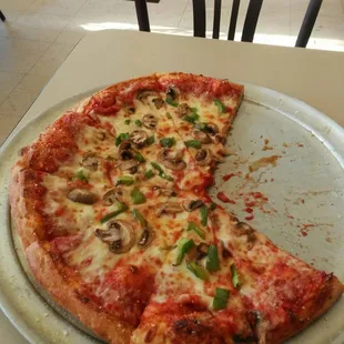 You're looking at one of the best thin crust mushroom and green pepper pizzas I've ever had!!