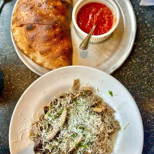 Mozzarella, Ricotta, Salami, Pepperoni Calzone (medium size); Foiade Di Funghi Lunch.