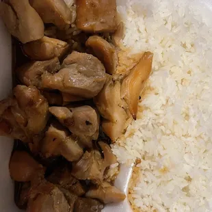 Bourbon Chicken with white rice.  They also sell it with fried rice.