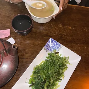 Miso soup &amp; seaweed salad with jasmine tea