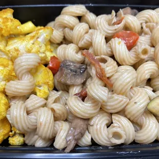 Roasted vegetable pasta salad &amp; tumeric cauliflower with vegan chimichurri aioli