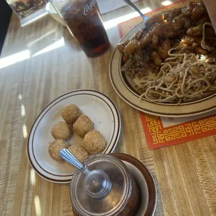 Orange Chicken, Sesame seed balls
