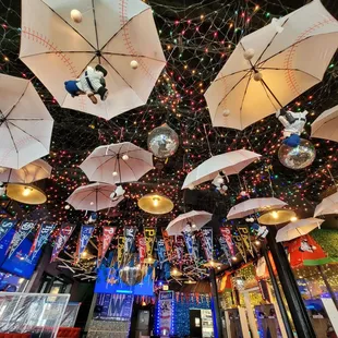 umbrellas suspended from the ceiling