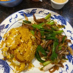 Mongolian beef with pork fried rice yummy