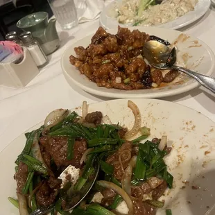 Mongolian beef, orange chicken joes special rice