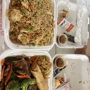 Chicken fried rice and beef and broccoli
