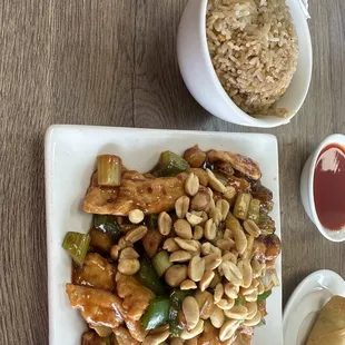 Kung pao chicken and fried rice.