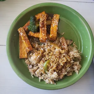 Tofu and basil fried rice and sesame tofu