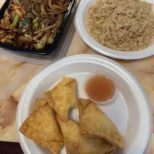Mongolian trio, fried rice, crab Rangoon.