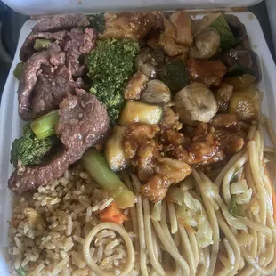 Mushroom chicken and beefy and broccoli fried rice and chow main