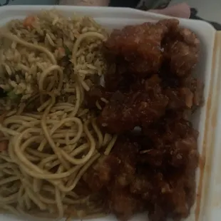 Orange chicken and fried rice and chow main
