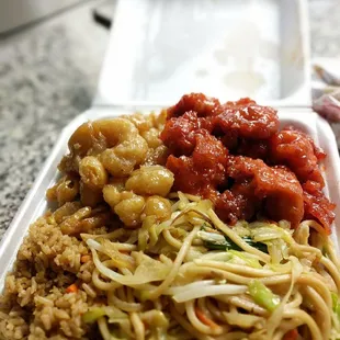 Fried rice, chow mein, orange chicken and our favorite butter shrimp!!
