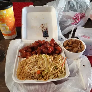 3 item combo.  Orange chicken x2 and teryaki chicken.  50/50 fried rice and chow mein.