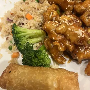 Sesame Chicken, pork fried rice and shrimp egg roll
