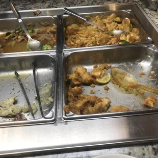 a buffet with a variety of food items