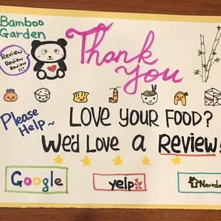 Please help us to write a review online! Thanks so much for the help and support