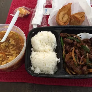 Lunch special, Mongolian beef and the best veggie sweet and sour soup. The cheese rolls are also excellent.