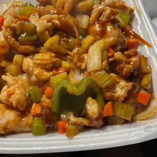 Diced chicken and cashew (I asked for no cashews and added $1.50 veggies). Chicken is not diced but it is still good.