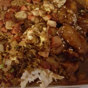 Combination platter sesame chicken and pork fried rice