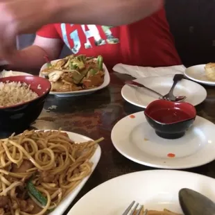 Combination lo mein, vegetables chop suey, fried rice