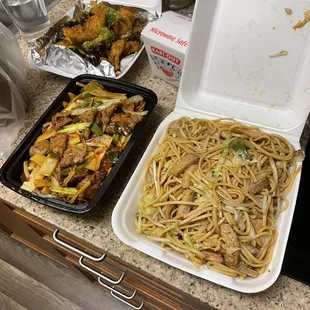 Garlic sauce fish (top) pretty tasty, Mongolian beef, chewy beef, sauce was ok, bbq pork chow mein, bbq pork tasted old..