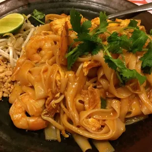 Shrimp &quot;pad thai.&quot; Not sure if it&apos;s they ran out of regular noodles. Also overly sauced.