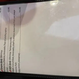 Sushi menu