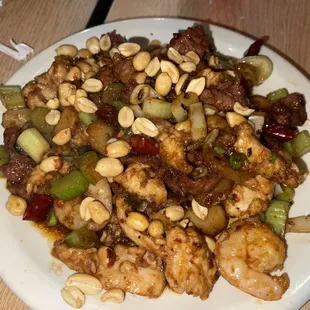 Kung Pao San Yan on the dinner menu. Basically Kung Pao with 3 meats. Very good, comes with rice.