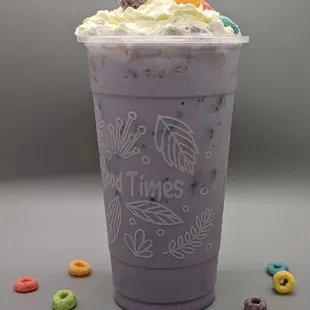 Cereal Milk Milk Tea - house secret blend of flavors, topped with whipped cream and real cereal