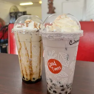 Fall special drinks horchata and cinnamon taro with brown sugar boba