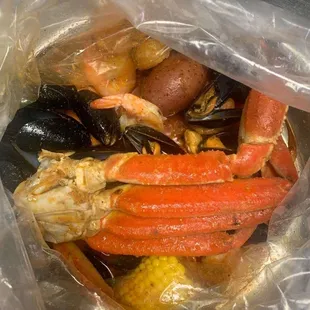 a plastic bag full of seafood