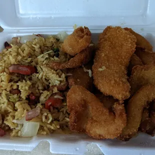 chicken and rice in a styrofoam container