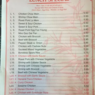 menu for lunch special