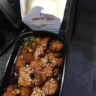 My yummy sesame chicken. We had already dipped into it a little bit prior to the picture. Generous portions!
