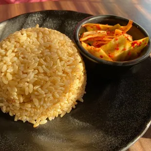 Brown rice and kimchi