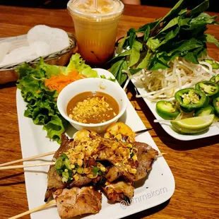 Combo skewers (chicken, pork, &amp; shrimp)