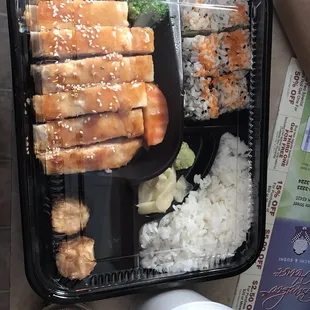 Teriyaki bento box with mushroom soup