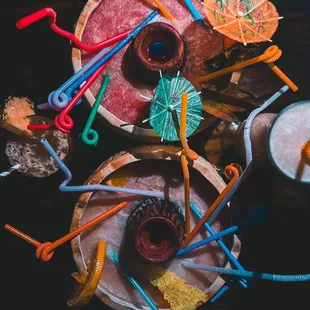 a variety of drinks on a table