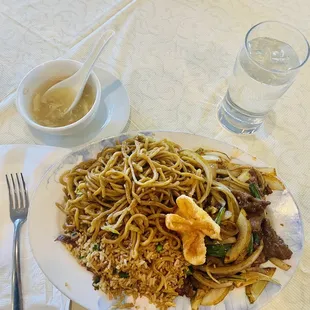Chicken Soup of the day accompanied by Mongolian Beef lunch plate with chow mien and fried rice