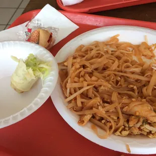 Chicken Pad Thai and Egg Roll.