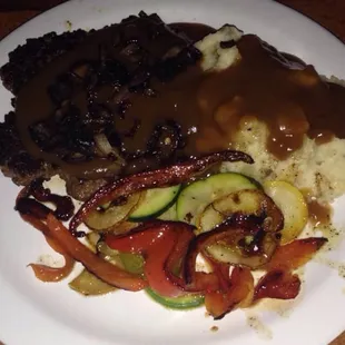 Chopped sirloin steak w mashed potatoes.