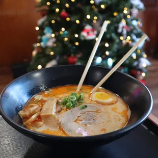 Bamboo Coco Ramen- new this winter 2022-2023! Soup is made with miso base, creamy coconut milk, ground chicken, chili pepper and spices