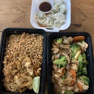 Pad thai (left), mini dumplings (above), pad see ew (right)