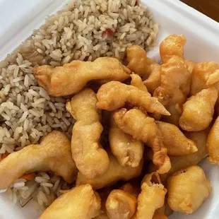 chicken and rice in a styrofoam container