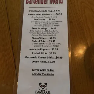 Bartender menu Bambooz wilder