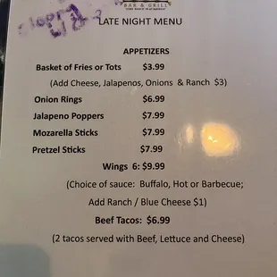 Late night menu