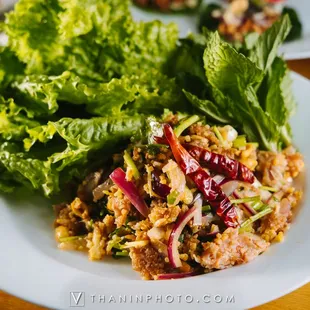 a plate of food with lettuce and meat