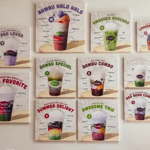 a variety of drinks displayed on a wall