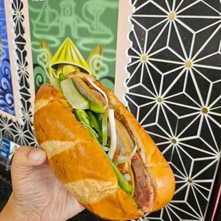 a hand holding a sub sandwich