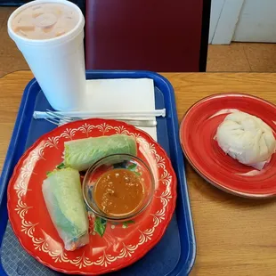 Fresh roll, salabao bun, Thai tea.